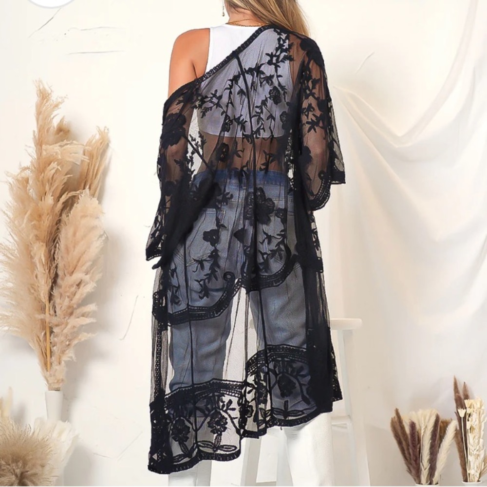 Embroidered Floral Butterfly Kimono Cover Up Cardigan